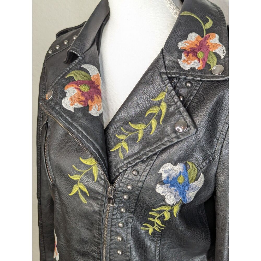 Faux Leather Biker Black Moto Jacket Floral Embroidery FLAWS Unique Approx Sz S - Picture 5 of 16